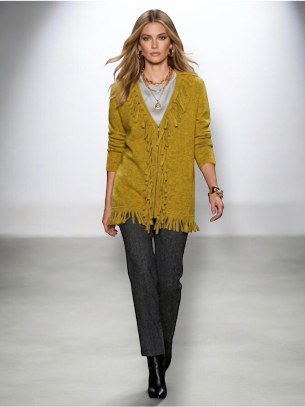 SUMI Yellow/Green Merino Wool  Fringed Cardigan Size M